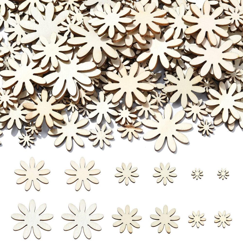 1170 300 pcs 6 Styles Daisy Flower Theme Unfinished Wood Cutout Charms Cute